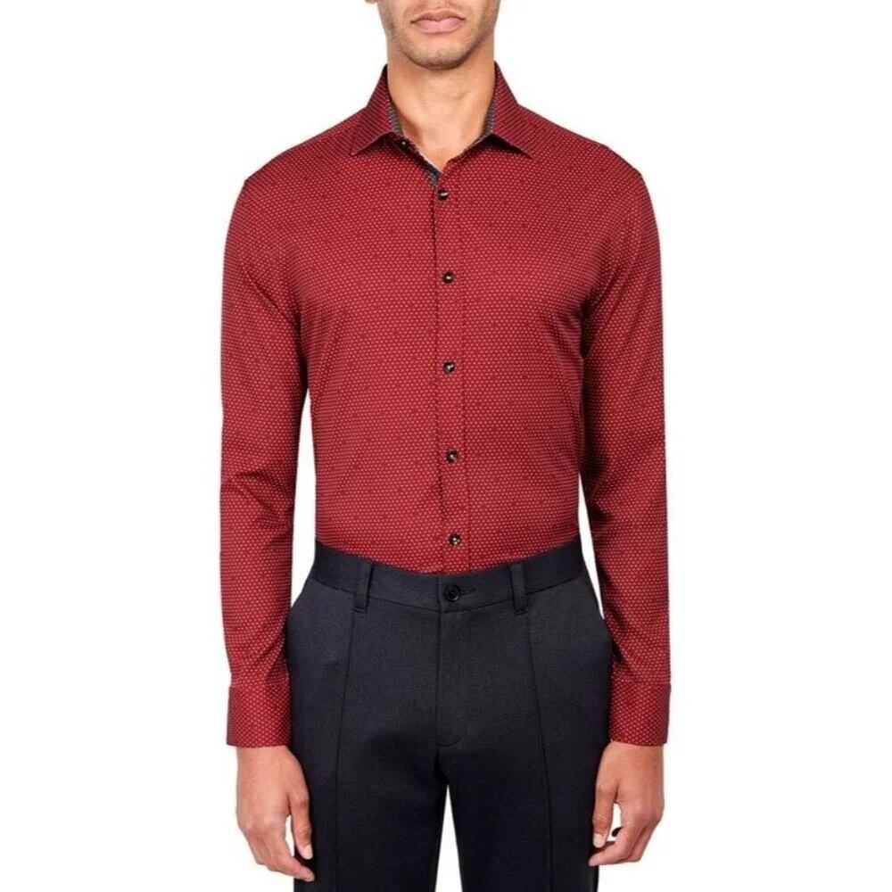 Society of Threads Red Polka Dot Slim Fit Button Down Dress Shirt Men's Size XXL